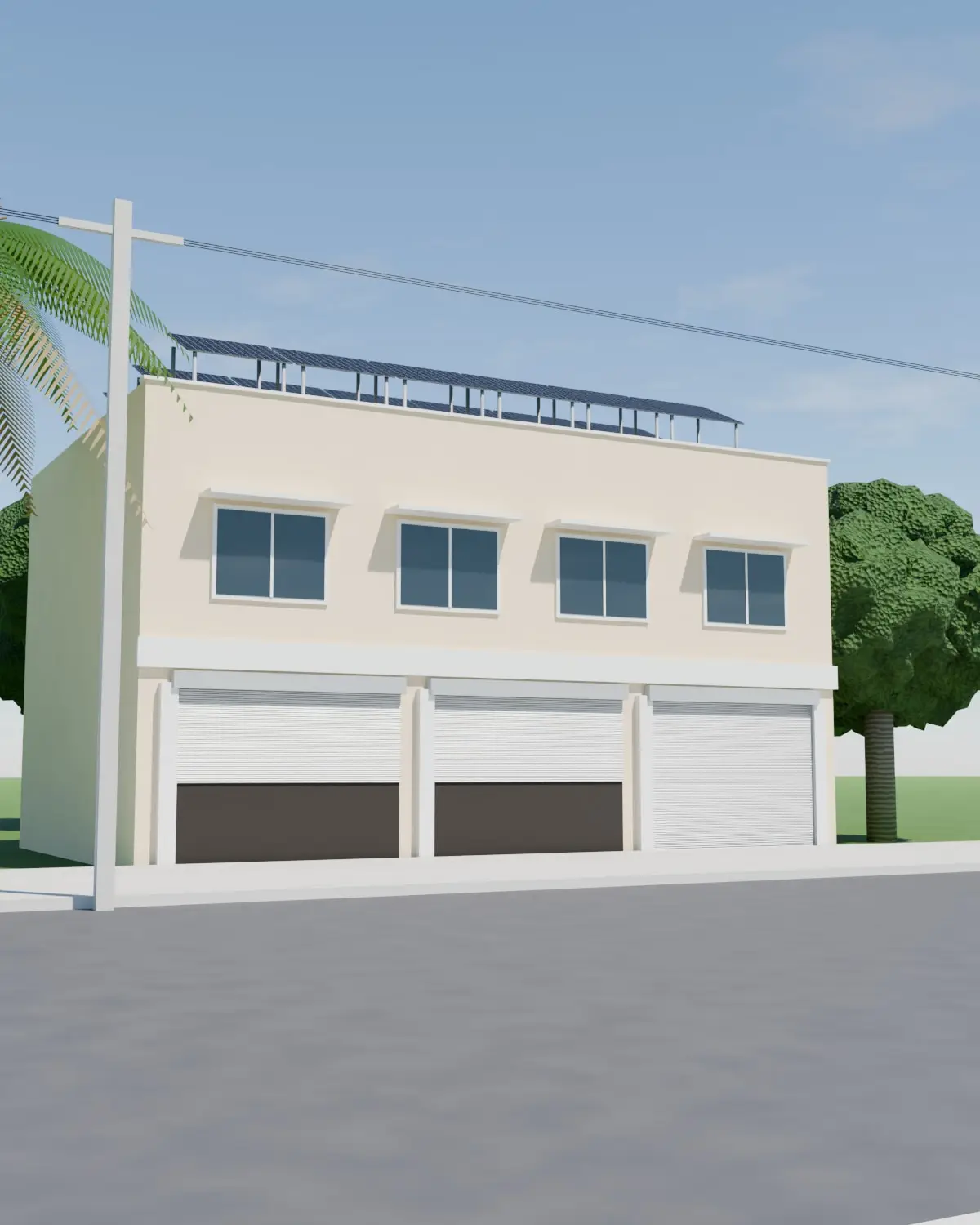 Illustrative render of a two-storey commercial building with rows of solar panels on a raised frame above its parapet.