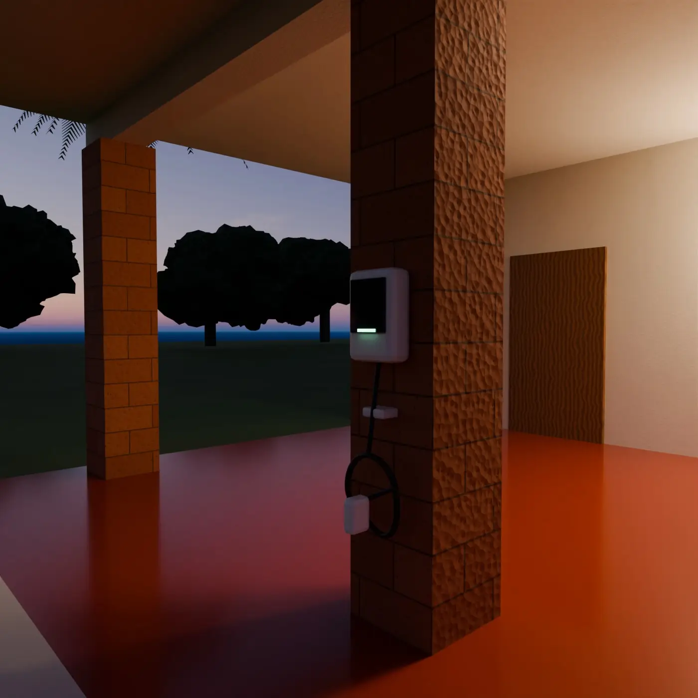 Illustrative render of a wall-mounted EV charger on a laterite porch pillar at dusk.
