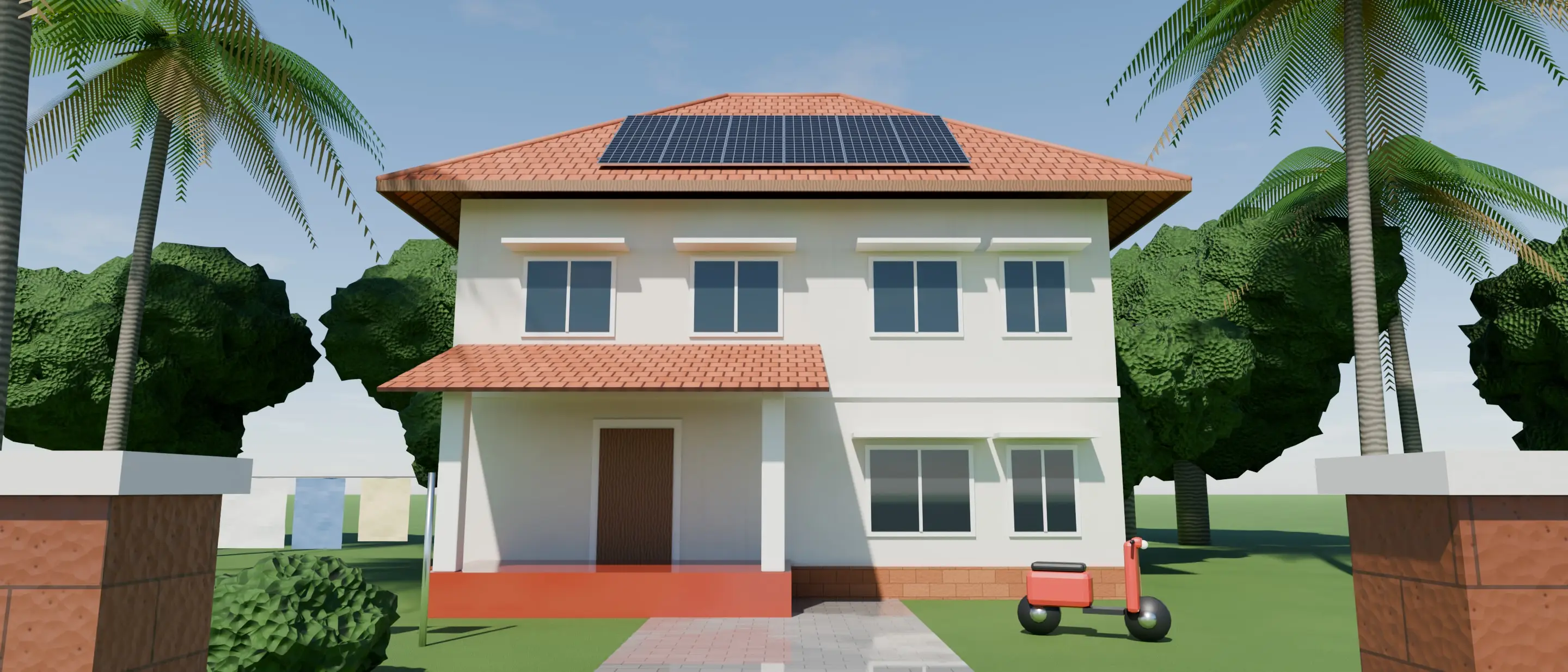 Illustrative render of a two-storey family home with solar panels on its clay-tile roof, seen from the gate.